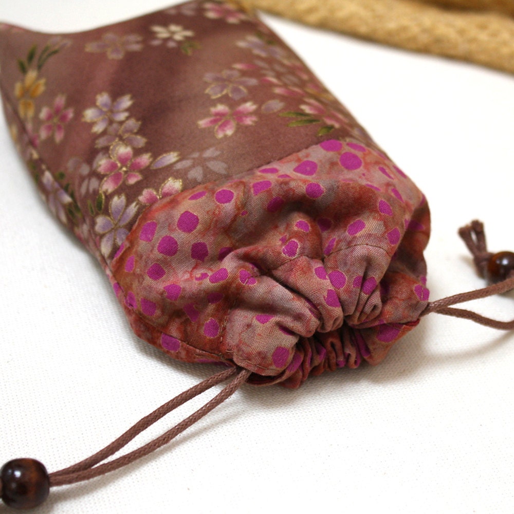 Pink Flowered Drawstring Mala Pouch - Fully Lined Cotton Batik Artisan Mala Bag - Yoga & Jewelry Bag