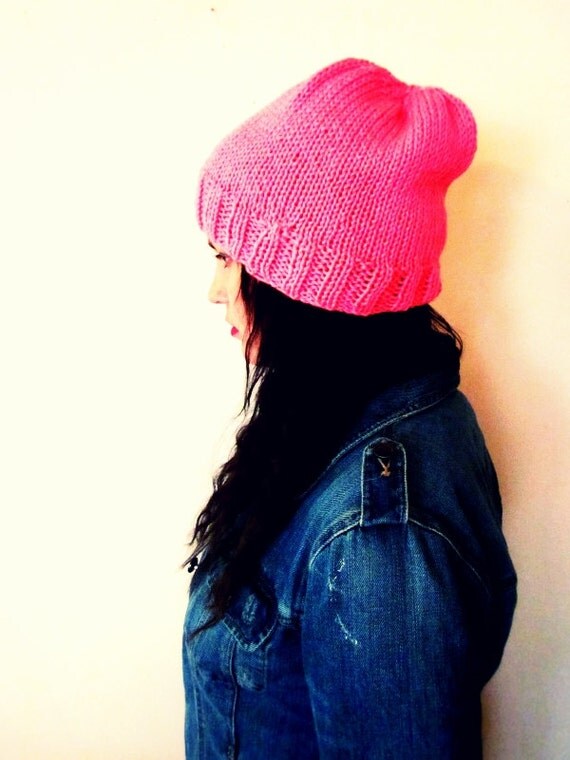 Slouchy Beanie in Neon Pink Higlighter - Knit - Slouchy Hat - Skullcap - Ski - Toque - Softspoken - VEGAN