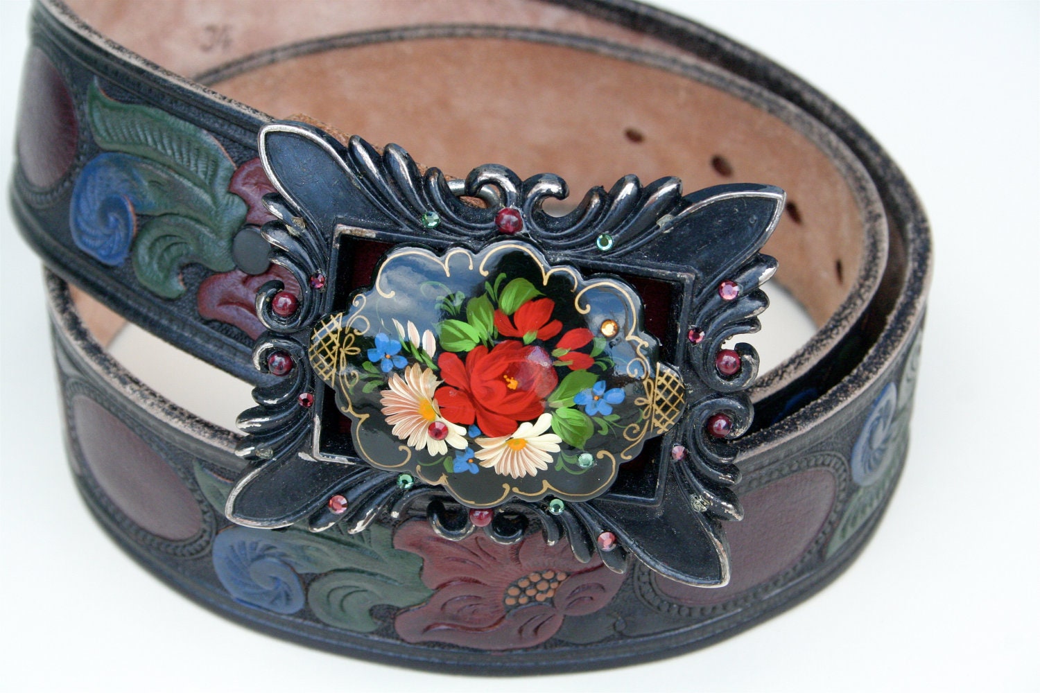 RARE Vintage Beth Frank painted tooled leather belt with painted buckle