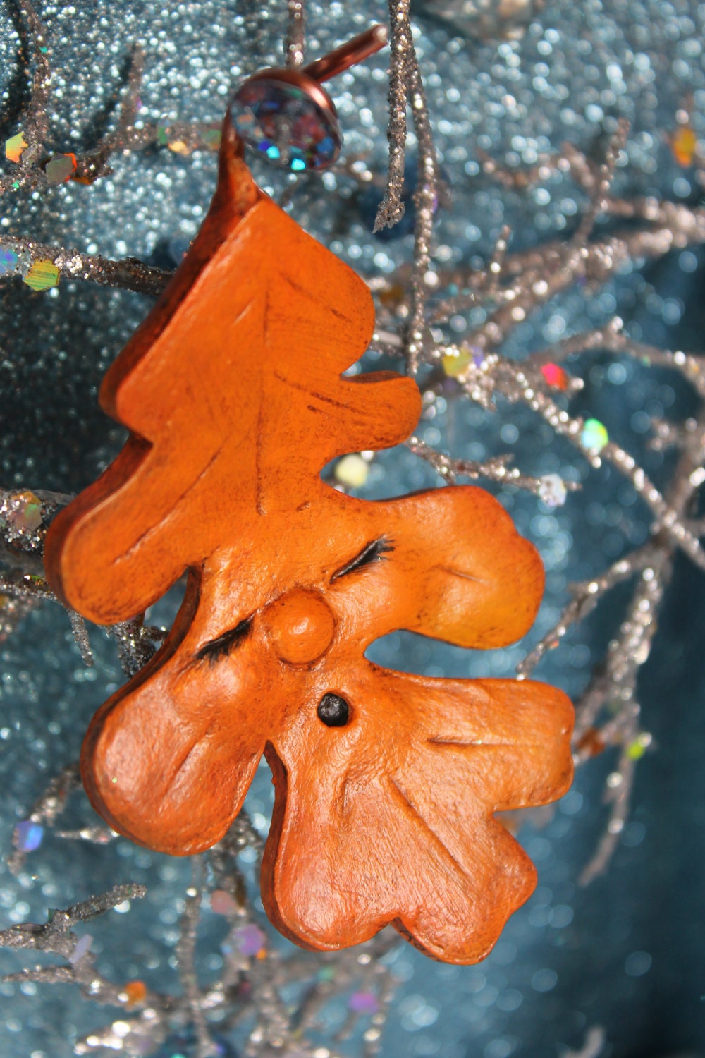 OOAK Orange Paper Clay Oak Leaf Ornament