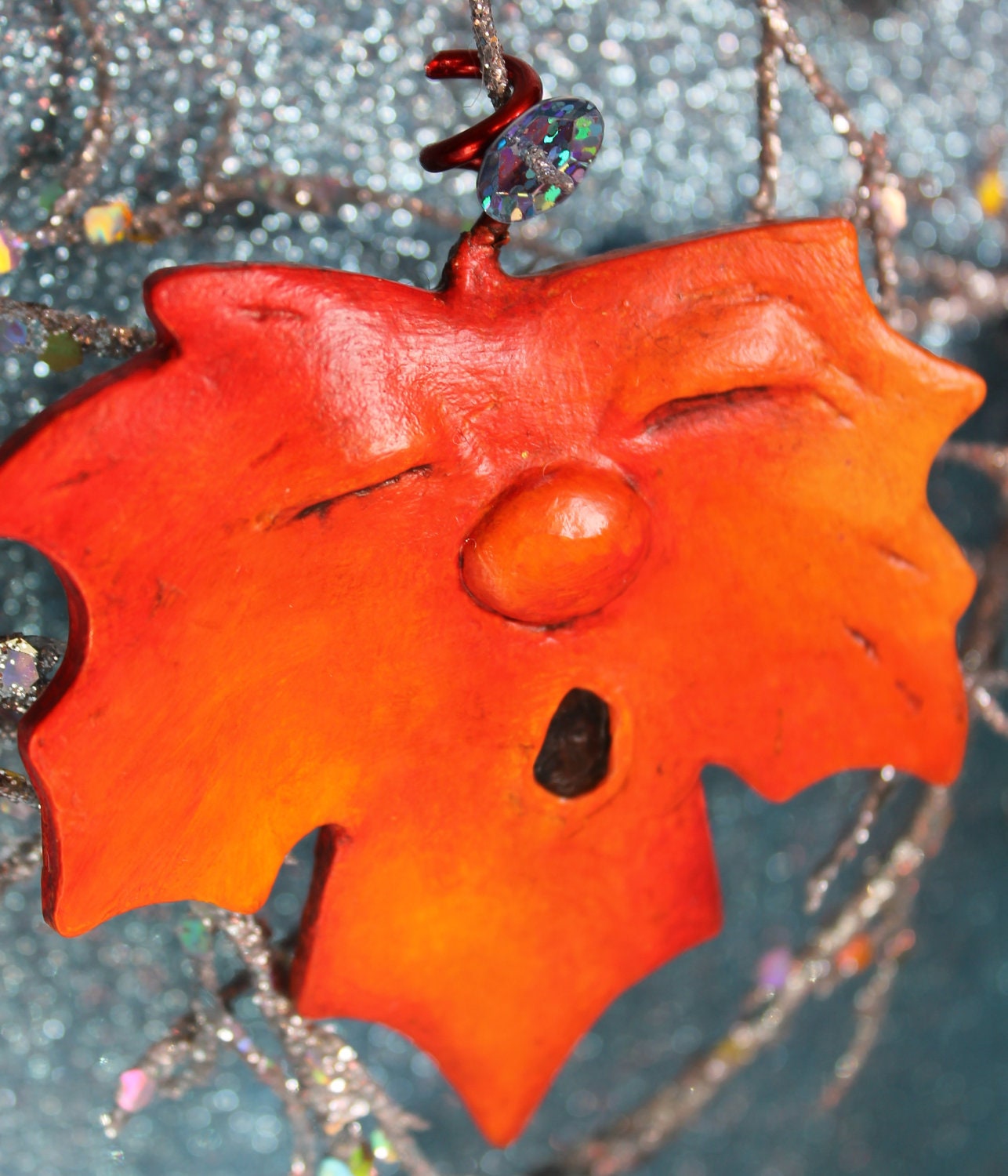 OOAK Red -orange- Paper Clay Maple Leaf Ornament