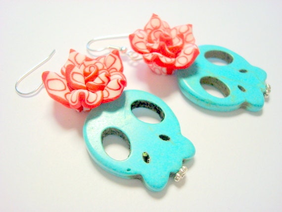 Turquoise, Red, and White Day of the Dead Roses and Sugar Skull Earrings