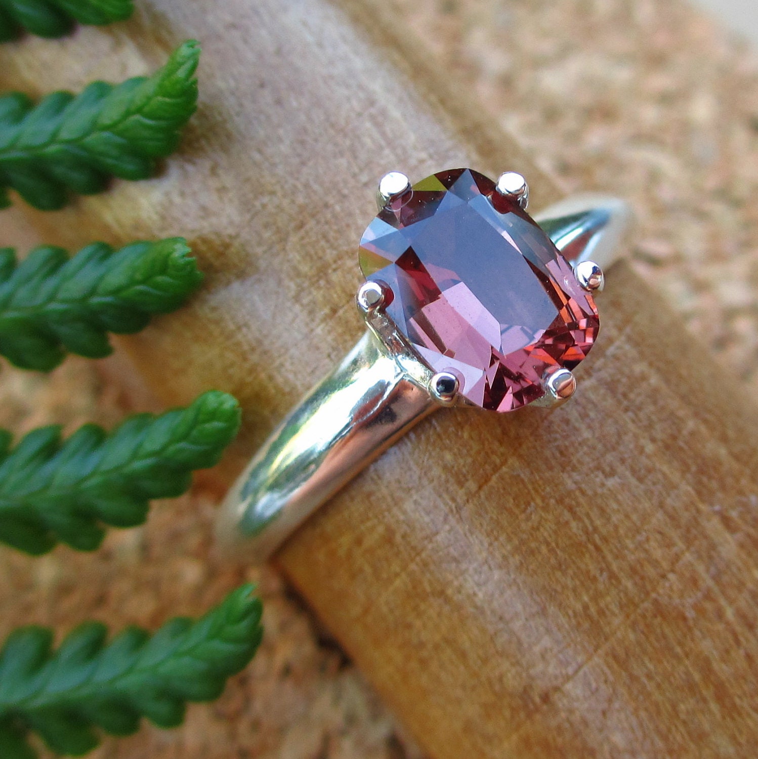 Wine Pink Zircon Ring in Sterling Silver, Rectangular Gemstone