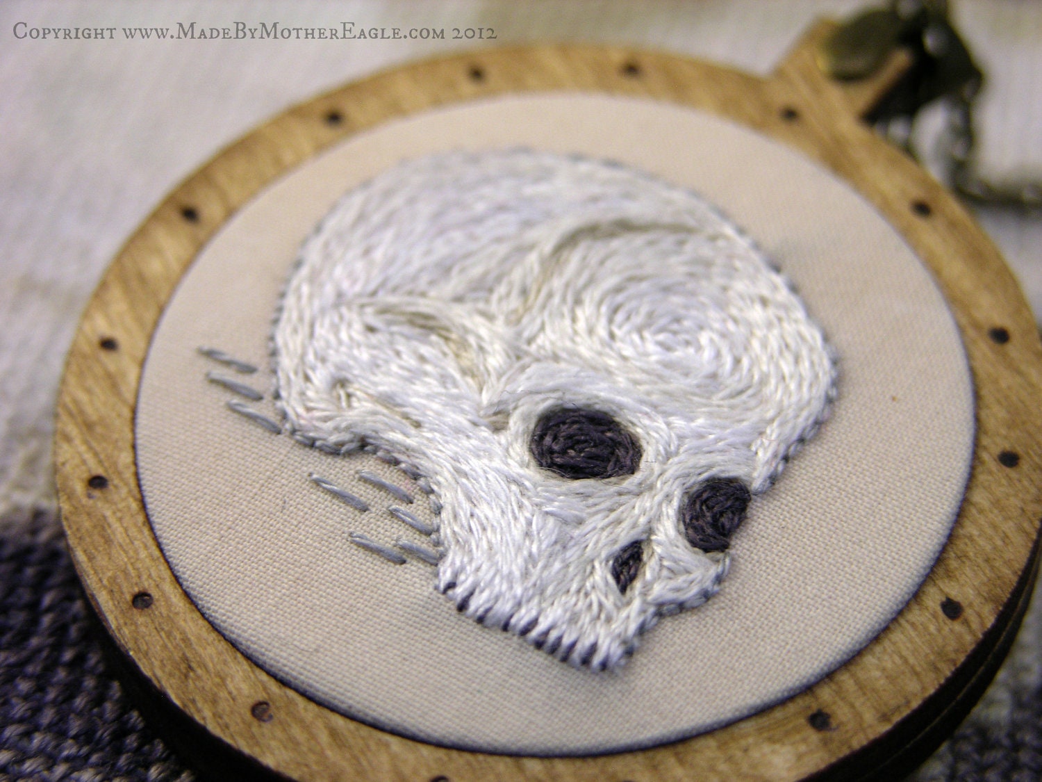 The Midwinter Quarters Skull Pendant - Miniature Embroidery and Birch Wood