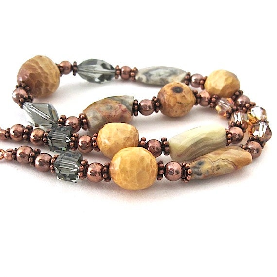Rustic Wood Gemstone Necklace Agate, Carved Wood Eco Friendly Fashion