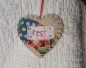 Wordz From the Heart Snippet Ornament - REST - Stitched From Recycled Vintage Quilt Piece