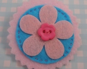 Pale pink and turquoise round felt flower brooch with button detail