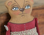 Primitive, Hand-Painted Folk Art Teddy Bear Small Doll or Ornament  in Red & Blue