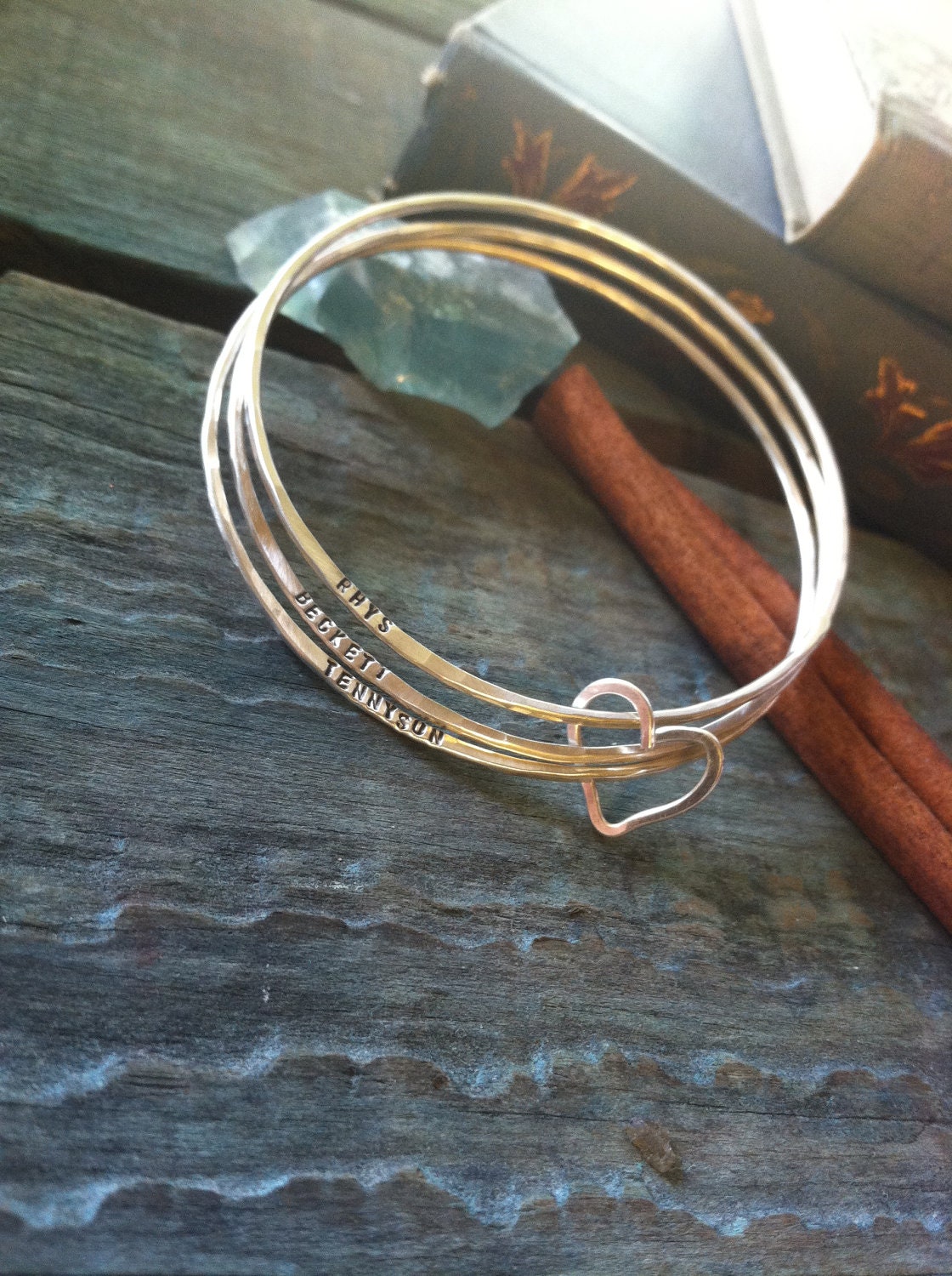 Hand stamped personalized Sterling Bangle Trio, forged and stamped bracelets with heart