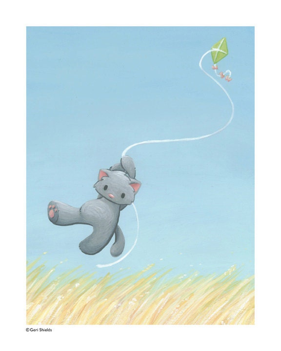 Let's Go - Cute Flying Cat with Kite 8x10 Print by Geri Shields