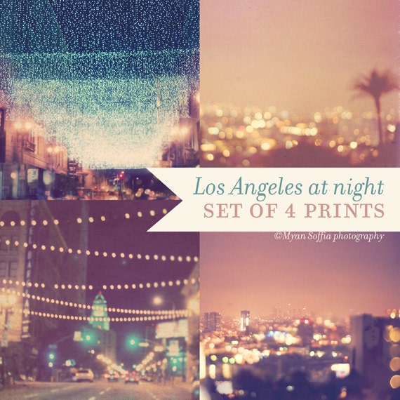 Los Angeles photography, LA at night photo, sparkle twinkle stars, gold bokeh lights, downtown, Hollywood, holiday 8x10 print set, under 100