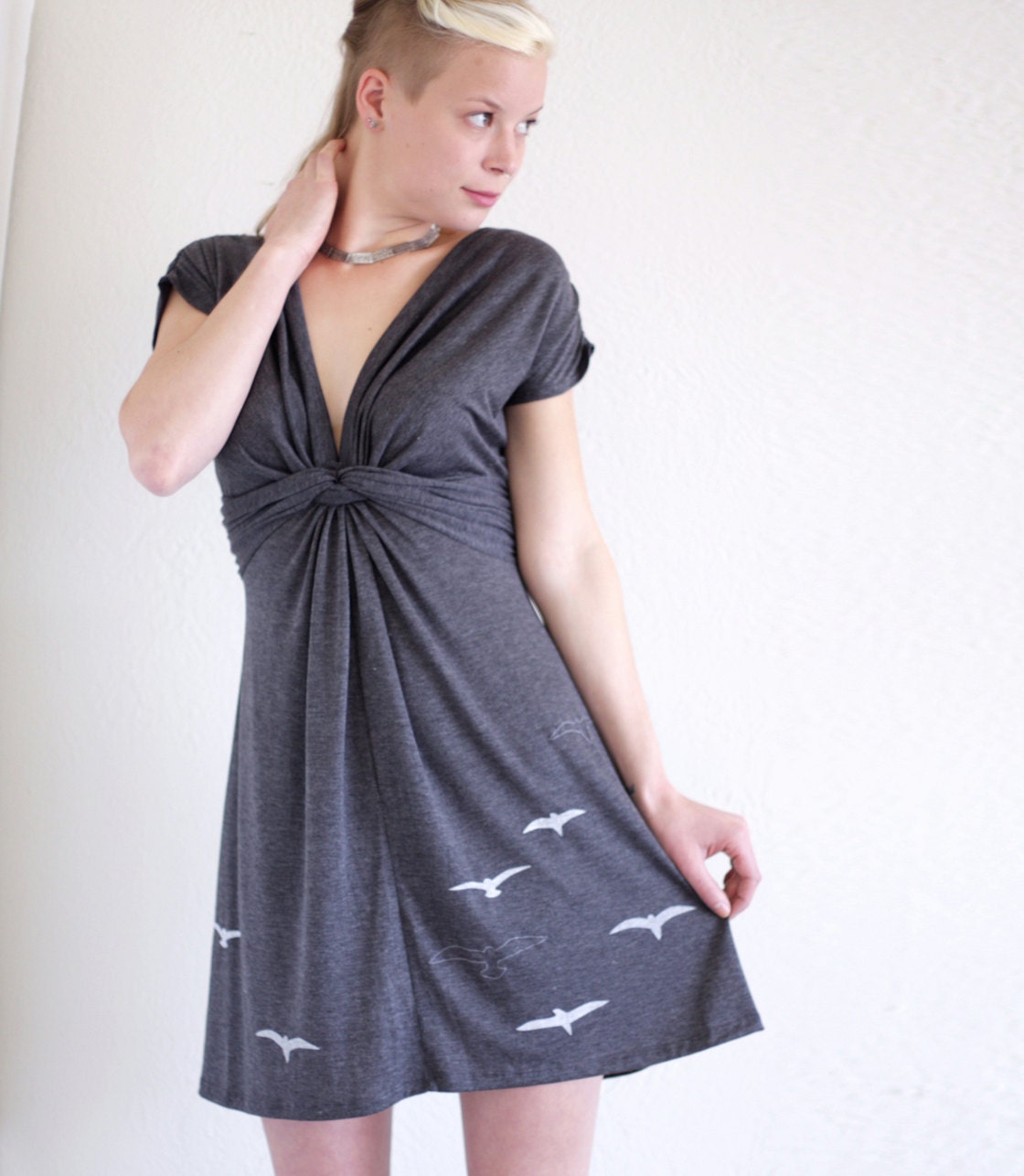 Womens dresses . Grey Jersey day dress . Applique dresses . V neck Dress - Flying Birds - size Medium