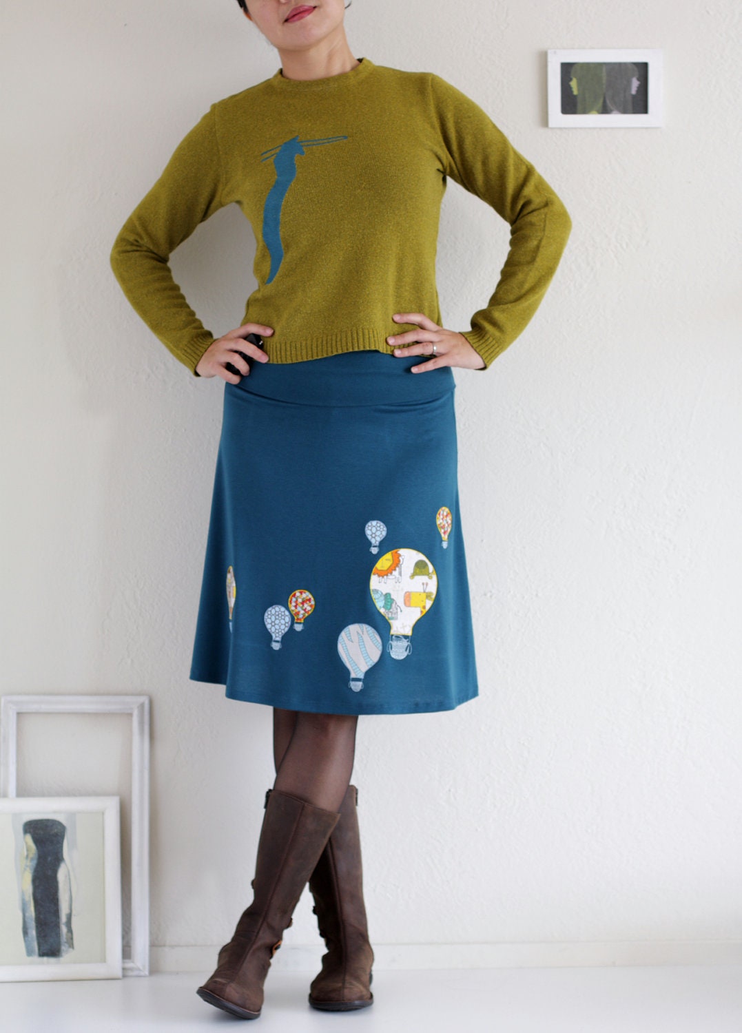 Teal Blue Stretch Jersey Skirt . Applique Skirt . A-line Knee Length Skirt - Hot aire balloon ride- Size Large