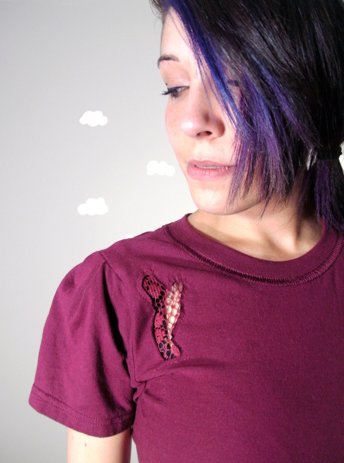 Eco tshirt dress upcycled lace cutout deep red burgundy small SECRET GARDEN