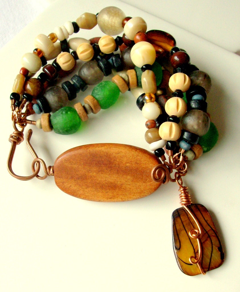 African Beaded  Bracelet - Bohemian Jewelry - stoneandbone - Wood - Glass - Shell