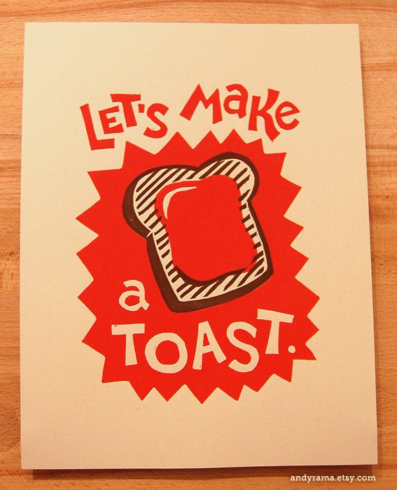 Let's Make a Toast. Breakfast Inspired Lino Block Print.