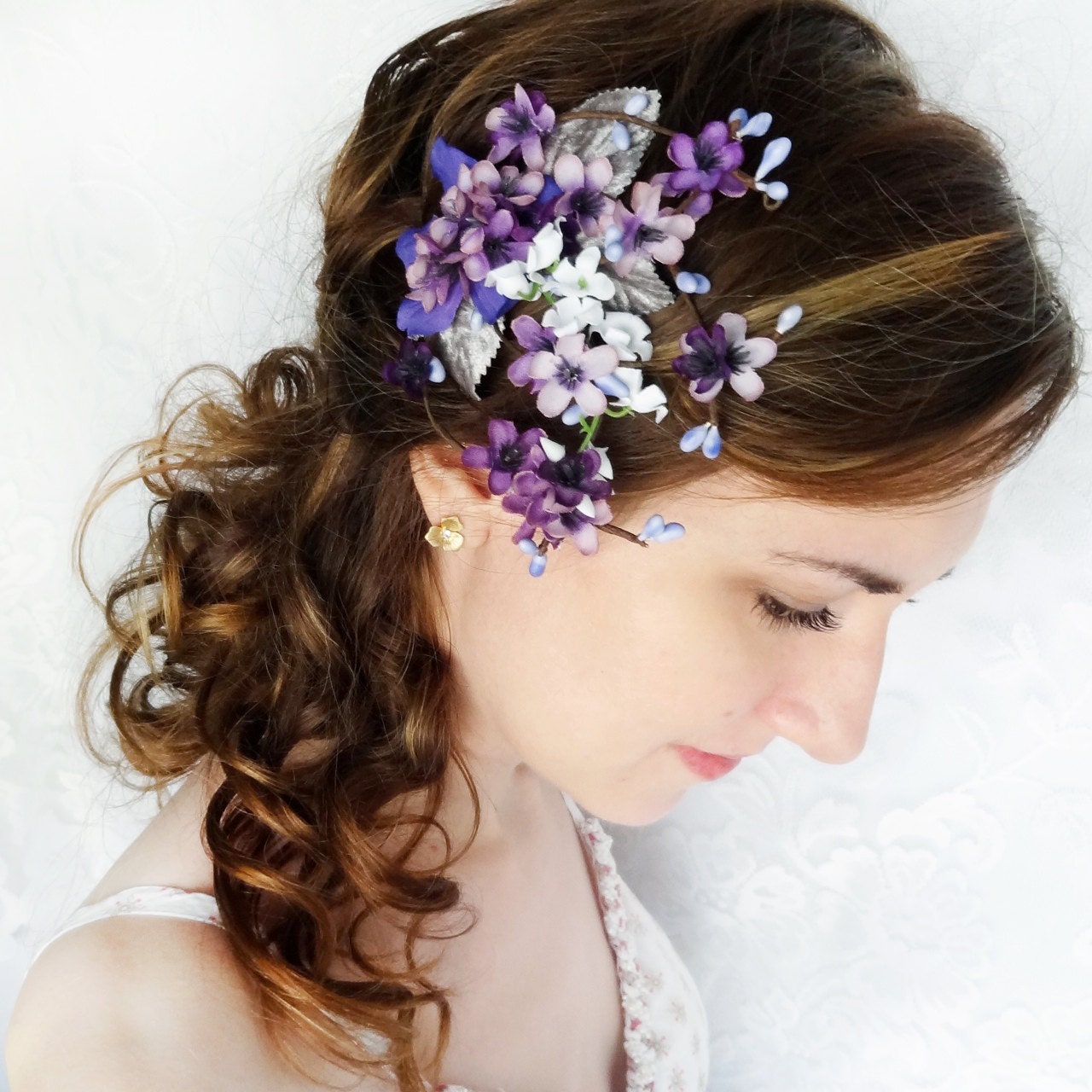 lilac purple flower hair clip, bridal hair accessory, purple headpiece - TANGLED - gray wedding, silver hairpiece