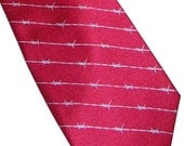 Men's necktie. crimson with silver barbed wire stripes. RokGear silk screen ties