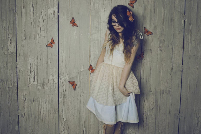 OOAK Dress in Cream White and Dip Dyed Blue then Tea Stained Ready to Ship