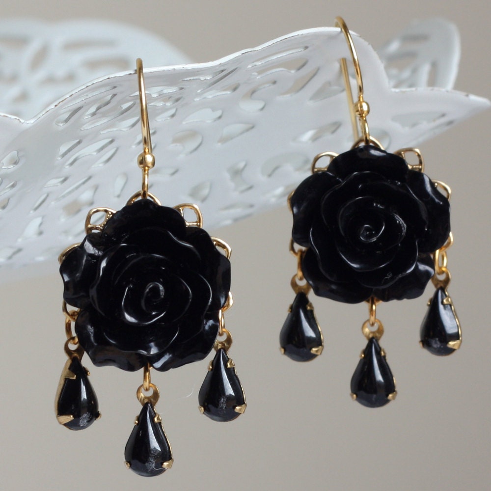 Flower Chandelier Earrings - Black