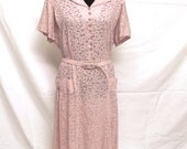 40's 50's Vintage Sheer Pink Lace Dress with Original Belt XL 34 Waist