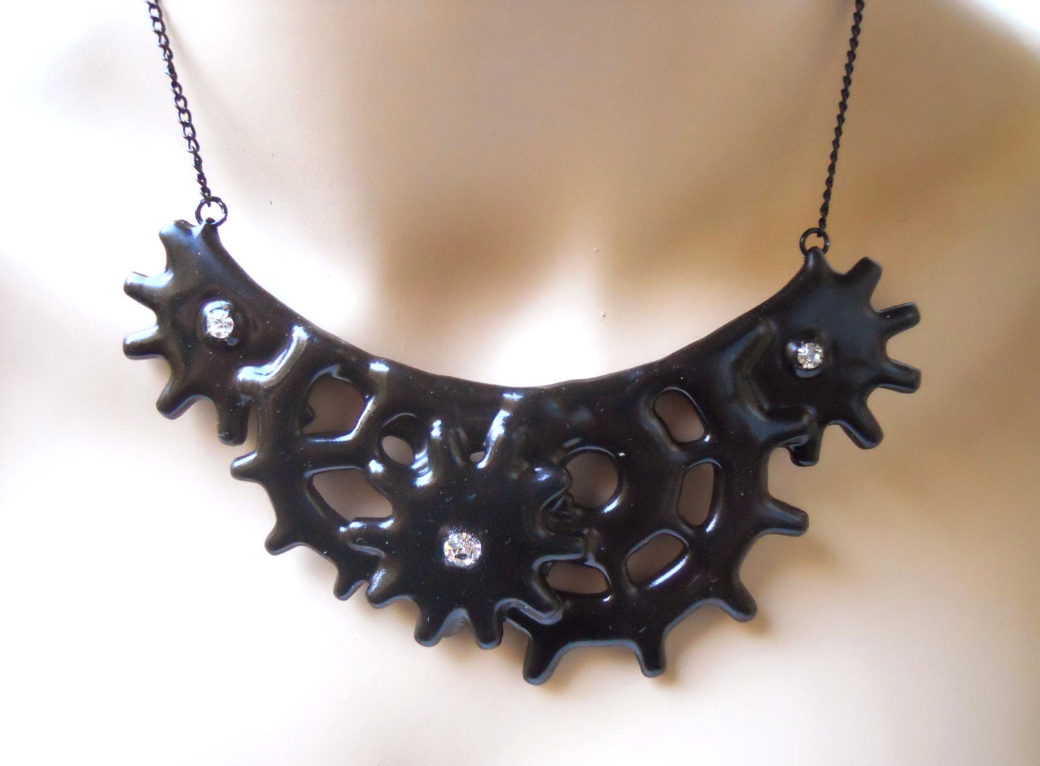 Gothic Steampunk necklace Cog and Gear Steampunk Noir Victorian inspired Distressed necklace Black with Crystals- Tempus Fugit