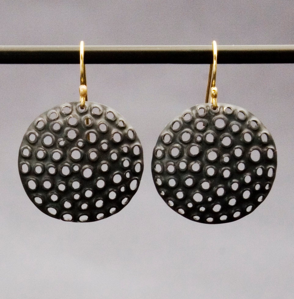 Blackened Sterling Silver Punched Hole Earrings w/ solid 18k hooks, Medium Round Dangle