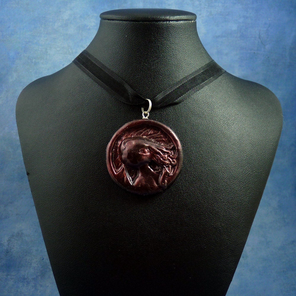 Dark Red Cthulhu Cameo Necklace, Handmade Polymer Clay Jewelry