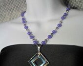 Lavender Jade Hand Knotted Necklace with a Diamond Shaped AB Glass Shaped Focal Pendant Free shipping