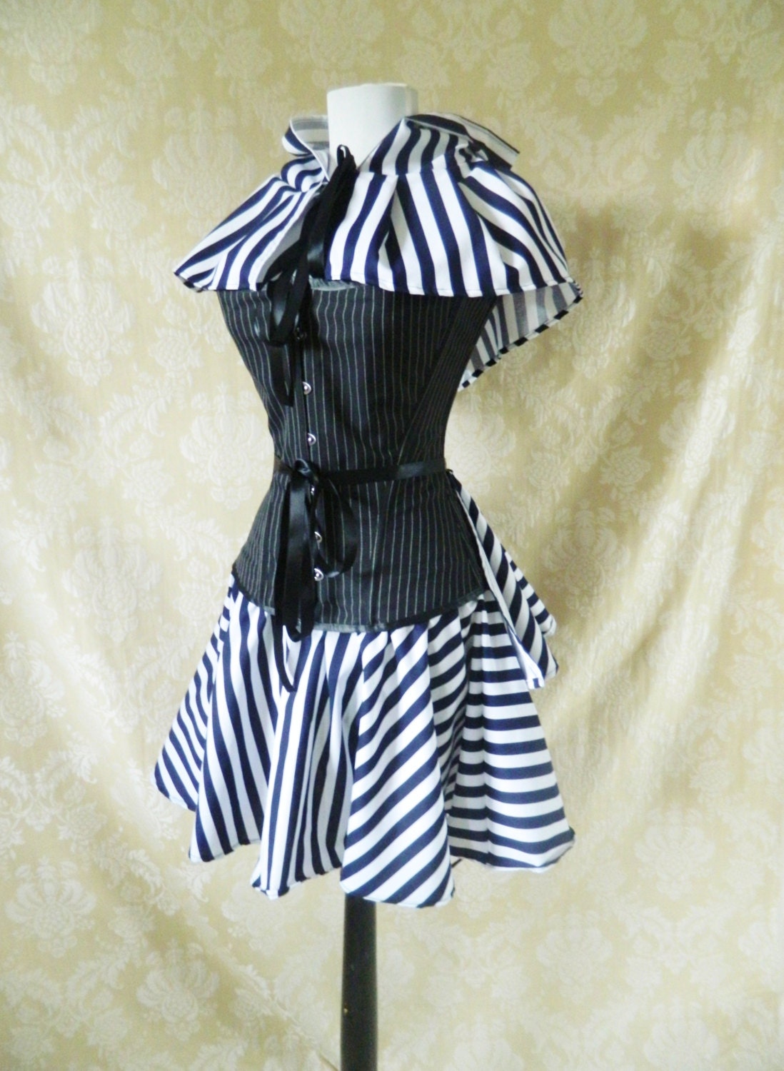 Black and White Stripe Mini Circle Skirt-To Fit 22-38 Inch Waist