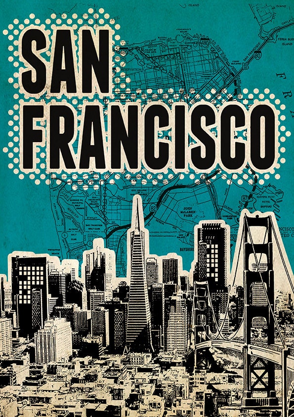 San Francisco Print art Poster print Cityscape artwork  Mixed Media art on canvas Handmade Wall Decor typography print