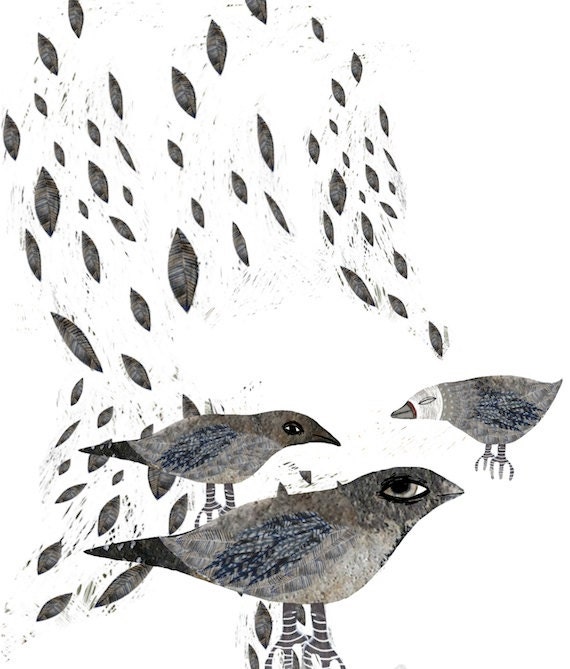 Birds in Falling Leaves - Digital illustration - Print