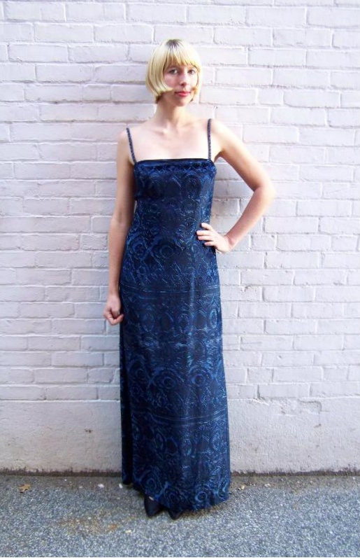 ESCADA Couture 1920s Style Gorgeous Sapphire Blue Burnout Silk Velvet Floor Length Evening Great Gatsby Dress SM