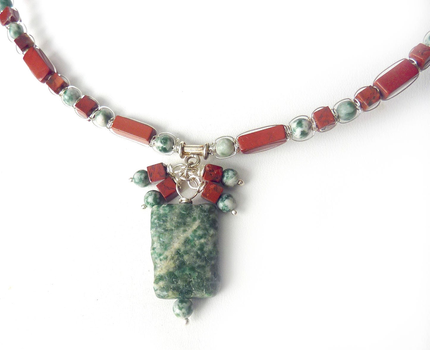 OOAK Red Flake Jasper and Tree Agate Sterling Macrame Necklace