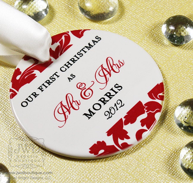 Our First Christmas Ornament Mr and Mrs Wedding Ornament Personalized Wedding Gift - Valencia Pattern - You Choose Color
