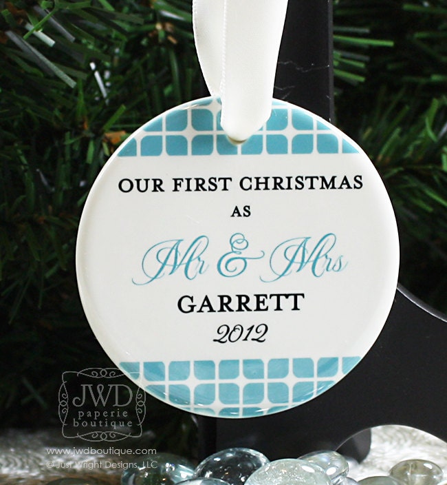 Our First Christmas Ornament Mr and Mrs Wedding Ornament Personalized Wedding Gift - Weston Pattern