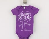 organic baby onesie bodysuit tree hugger print Let's Hug It Out screen printed purple with white ink