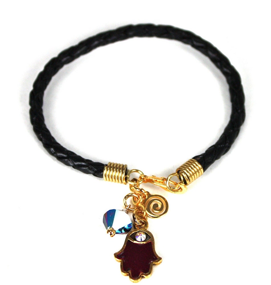 Black Leather Cord Bracelet with Chianti Enameled Hamsa and Garnet Swarovski Crystal