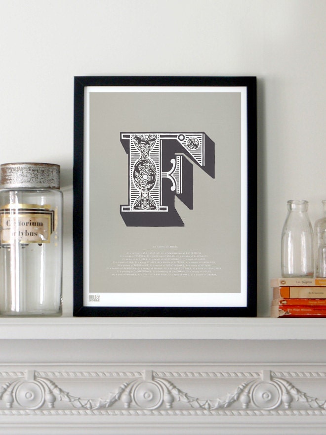 Illustrated Letter F in Putty/Charcoal - decorative screen print