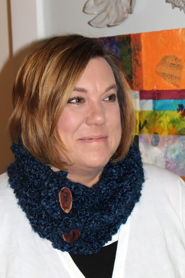Night Sky - Thick and chunky Hand Crocheted neckwarmer - Cowl - With 2 natural cedar tree branch buttons