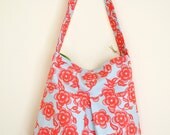 Pleated Shoulder Bag- Purse- Pink Floral- Japanese Flower- Baby Blue