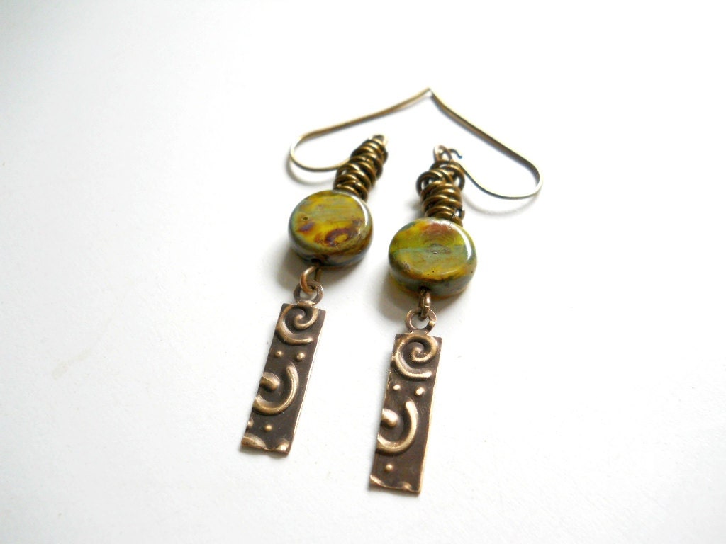 Moss Green Glass and Brass Earrings, Brass Embossed Dangles, Circles, Earthy Rustic Natural Fashion, Beaded Earrings