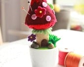 Pincushion and Home Ornament - Mushroom Love in a Porcelain Pot - Zakka Love