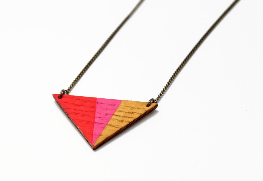 Geometric, triangle wooden necklace - pink, red, mustard yellow - minimalist, modern jewelry - color blocking