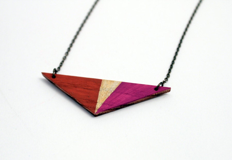 Geometric, triangle wooden necklace - chocolate brown, gold, purple - minimalist, modern jewelry - color blocking