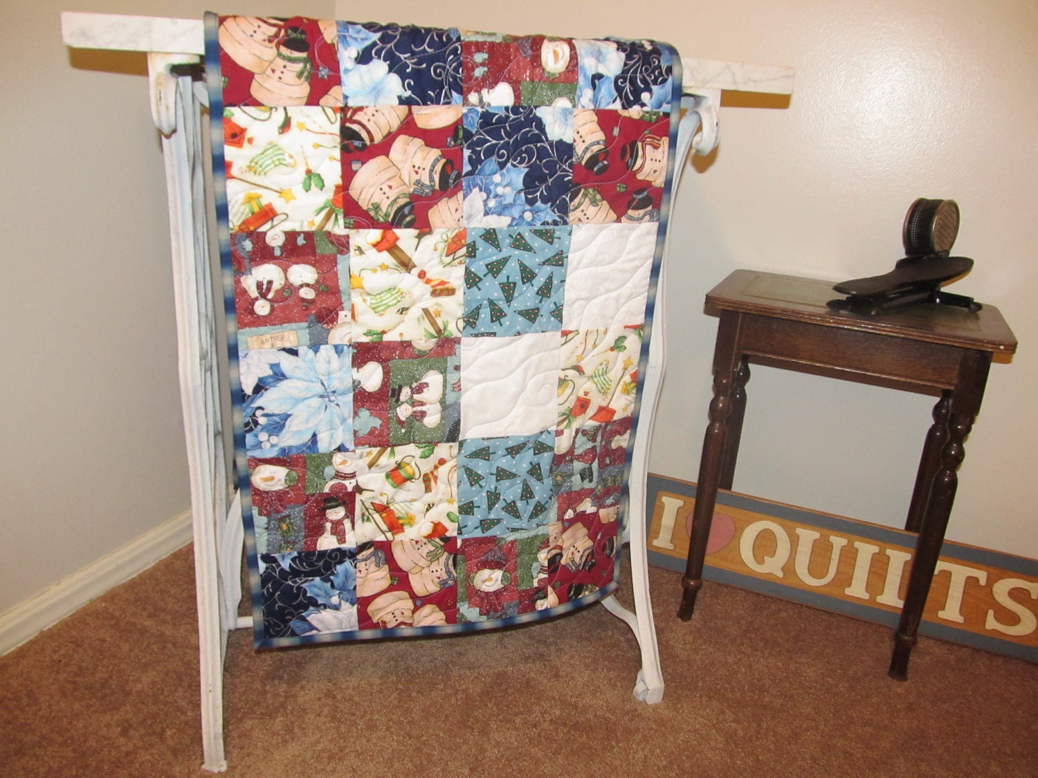 Snowman Table Runner:  Long Quilted Winter Blues  Holiday Decor Cozy Country Style, Ready to Ship, Decorate your Table