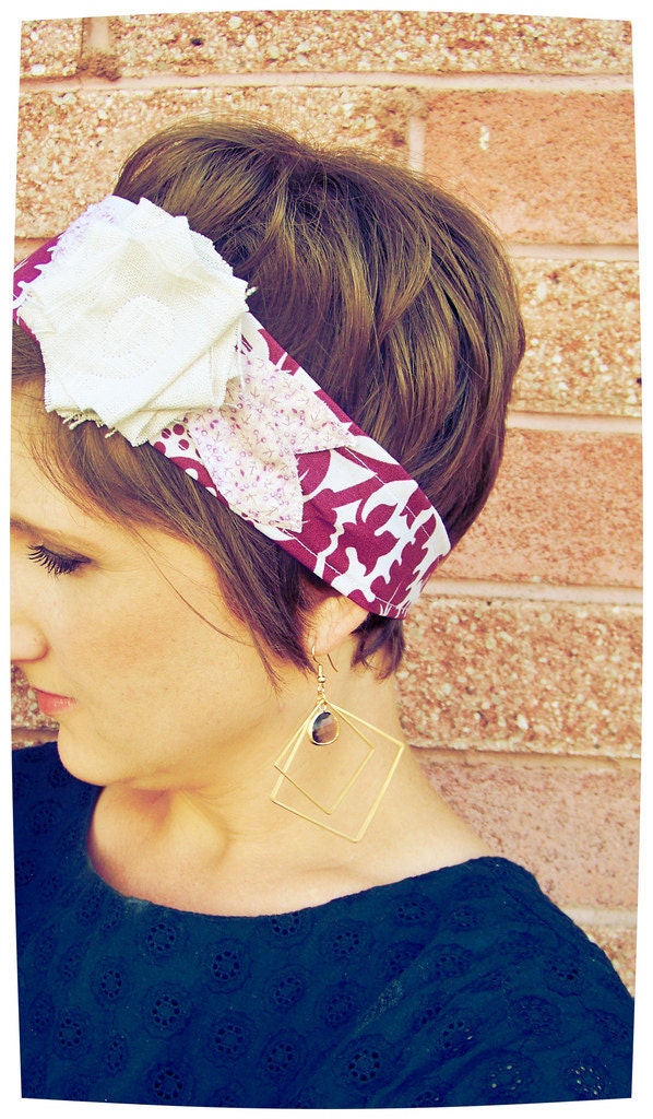 Lillie Wraps - purple and white block print fabric velcro wrap with a white jersey ruffled flower