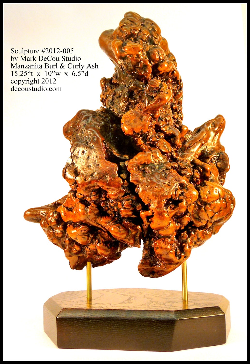 Natural Wood Sculputure No. 2012-05, Ships Immediately, Manzanita Burl Root, Curly Ash Wood, Brass, Mixed Media Original
