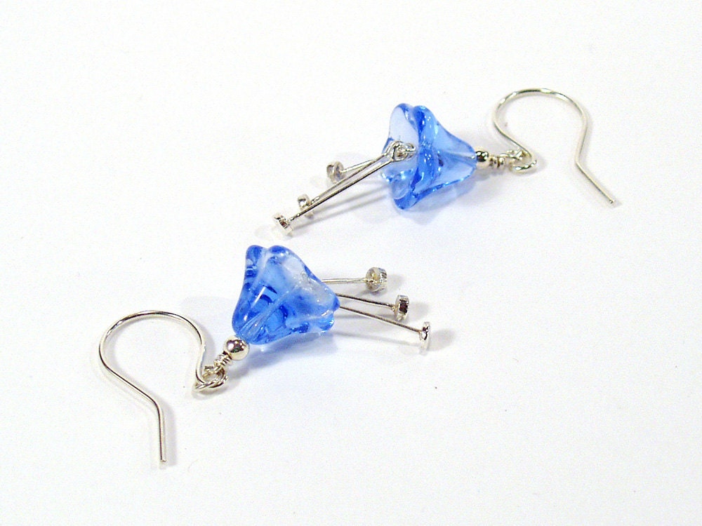 Blue Flower Earrings, Sterling Silver, Blue Dangle Earrings, Flower Drop Earrings