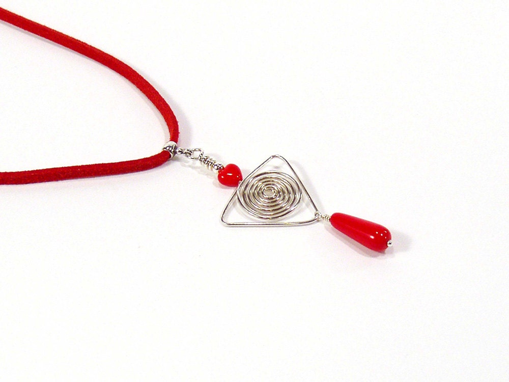 Red Drop Necklace, Spiral Pendant, Sterling Silver, Triangular Necklace, Bright Red, Crimson